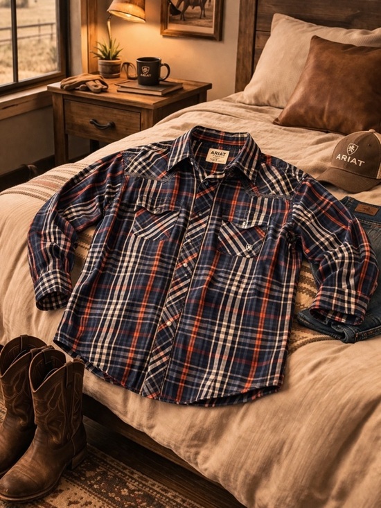Ariat Other - Ariat Pro Series Plaid Western Snap Shirt Mens Large Navy Red Pearl Snap